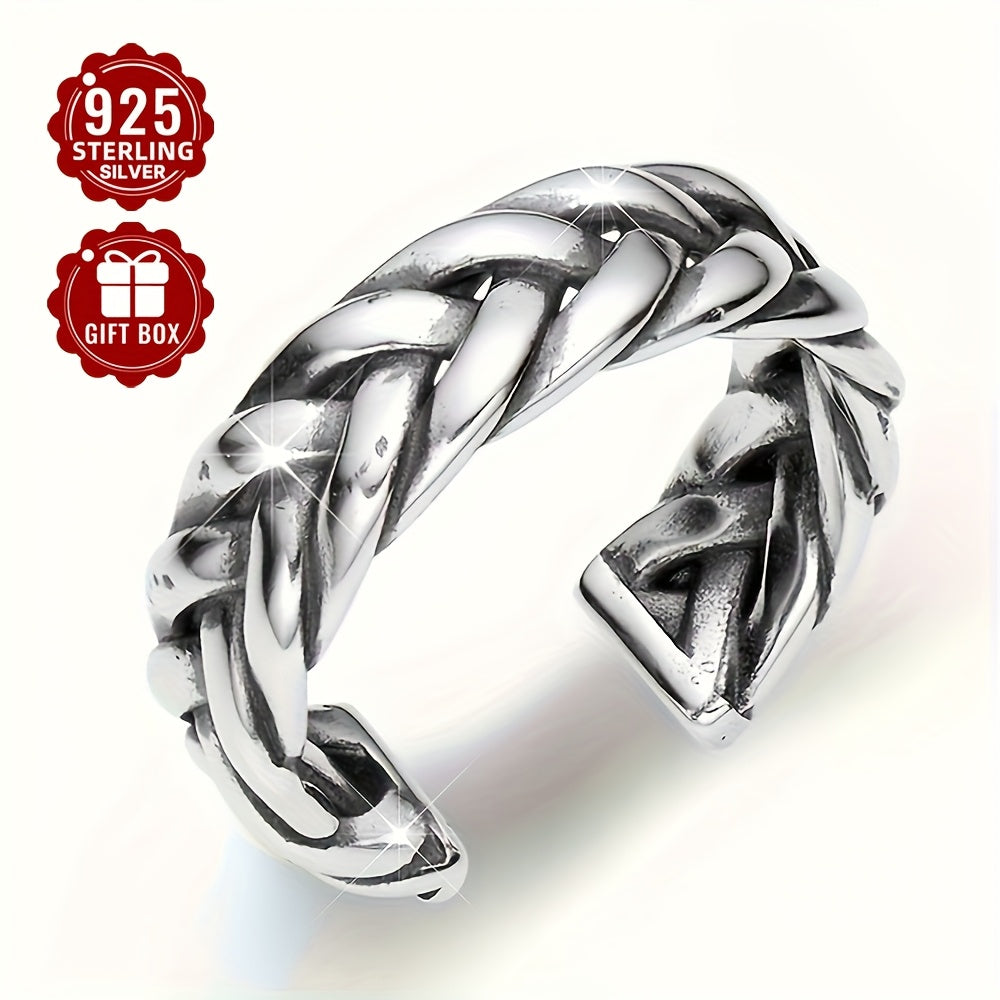 1PC 925 Sterling Silver Vintage Couple Braided Rope Ring Aged Geometric Open Ring For Men And Women Holiday Birthday Anniversary Gift (about 4.49g)