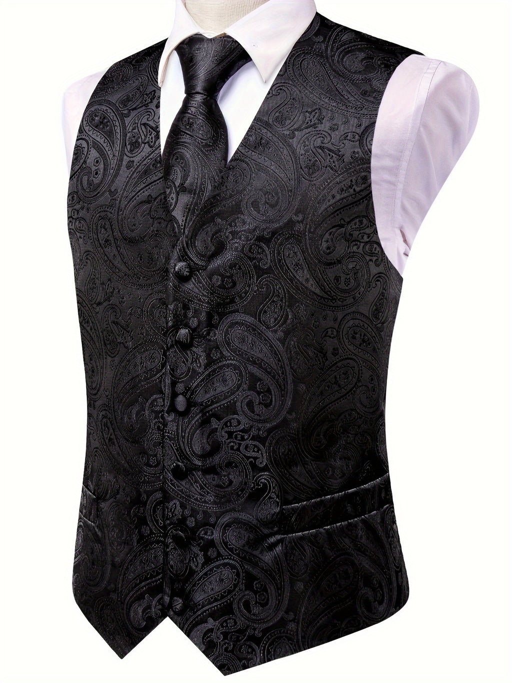 Gilet élégant en jacquard cachemire pour homme avec cravate + mouchoir + boutons de manchette pour mariage\u002Foccasions spéciales