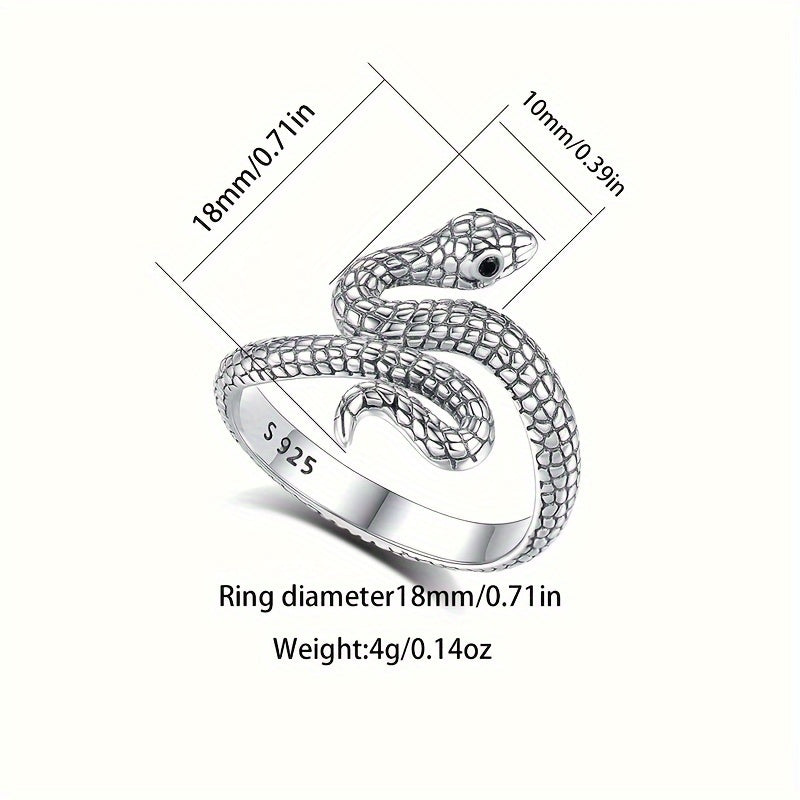 1pc Vintage Punk Style Adjustable Snake Ring for Women and Men, 925 Sterling Silver, Hypoallergenic, 4g, Daily Wear Jewelry