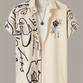 Men's Casual Short Sleeve Button-Up Shirt with Artistic Rose & Calligraphy Print - White with Beige Contrast, Breathable Summer Shirt, Machine Washable Regular Fit for Outdoor & Casual Wear, Nontransparent Fabric